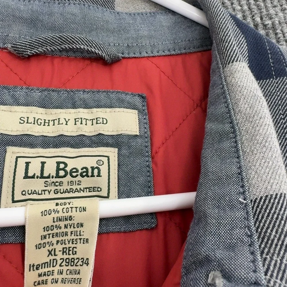 LL Bean Shirt Jacket Mens XL Gray Cotton Quilted Buffalo Plaid Flannel Outdoor